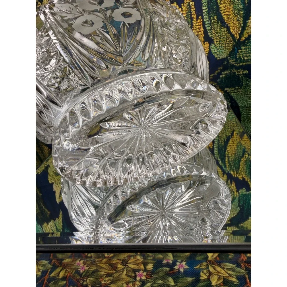 Vintage Cut Crystal Glass Basket Etched Floral Starburst Centerpiece 10.5 inch